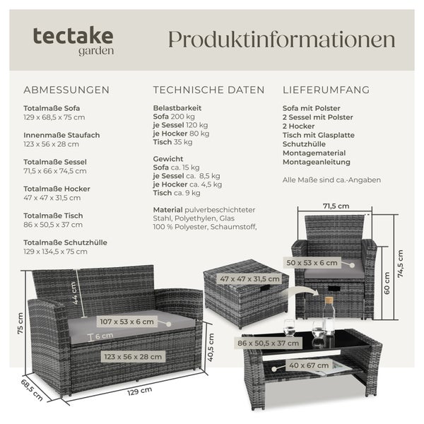 Rattan Sitzgruppe tectake Modena inklusive Staufach und Schutzhülle für 4 bis 6 Personen grau
