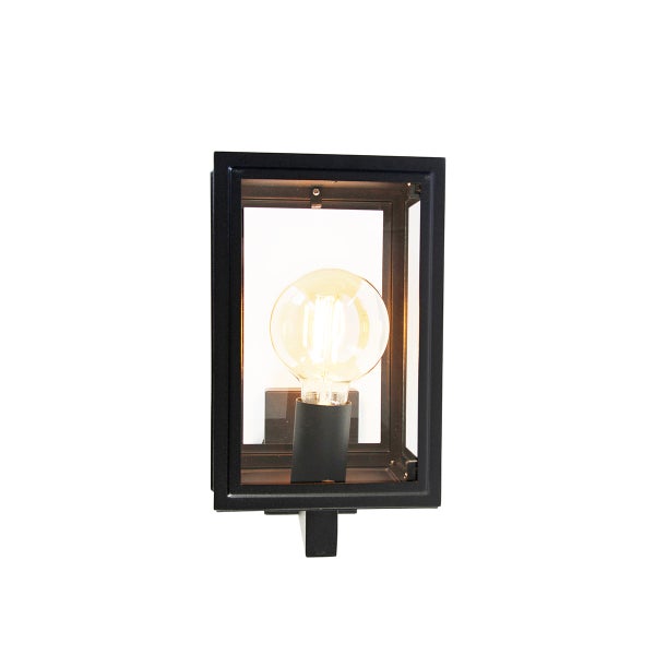 Außenwandleuchte schwarz in Laternenform aus Metall und Glas mit sichtbarem Leuchtmittel.