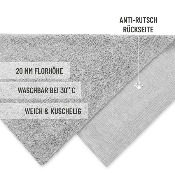 Badematte mit 20 Millimeter Florhöhe, waschbar bei 30 Grad, weichem Material und rutschhemmender Rückseite.