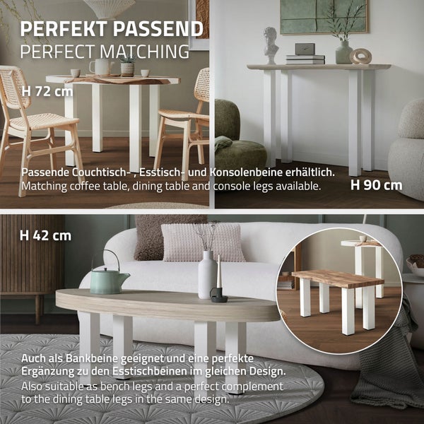 ML-Design 4er Set Tischbeine I-Design 30 cm, Weiß glänzend, aus pulverbeschichtetem Stahl, eckig, Profil 8x8 cm, Höhenverstellbare Möbelfüße 1-4 cm, Möbelbeine für Couchtische, Bänke, Sideboards