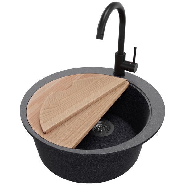 PRIMAGRAN Granitspüle Anthrazit 53x53cm, Spülbecken Rund 1 Becken + Küchenarmatur 32x20cm + Ablauf-Set + Schneidebrett, Küchenspüle ab 50er Unterschrank - Pisa Max