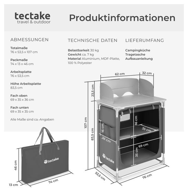 Campingküche Premium mit 2 Fächern tectake  76 x 53,5 x 107 cm faltbar grau