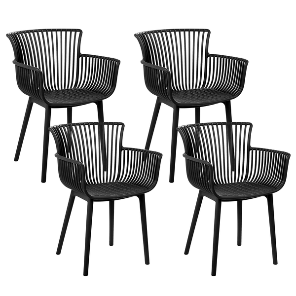 Vier schwarze Gartenstühle aus Kunststoff