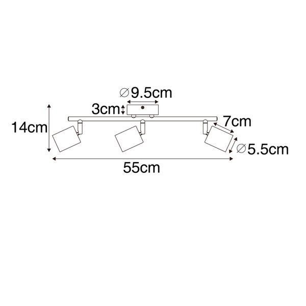 Maße der Deckenleuchte mit drei Strahlern