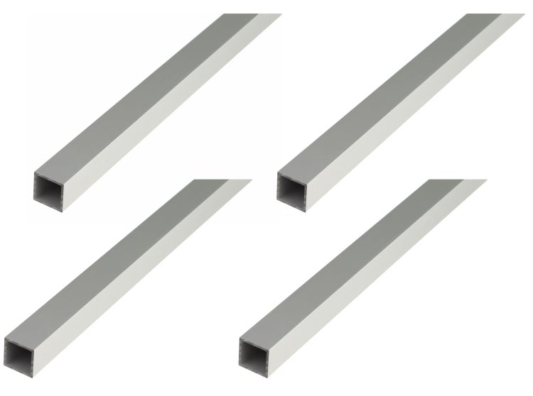 Vier quadratische Aluminiumrohre als Set für vielseitige Konstruktionsanwendungen