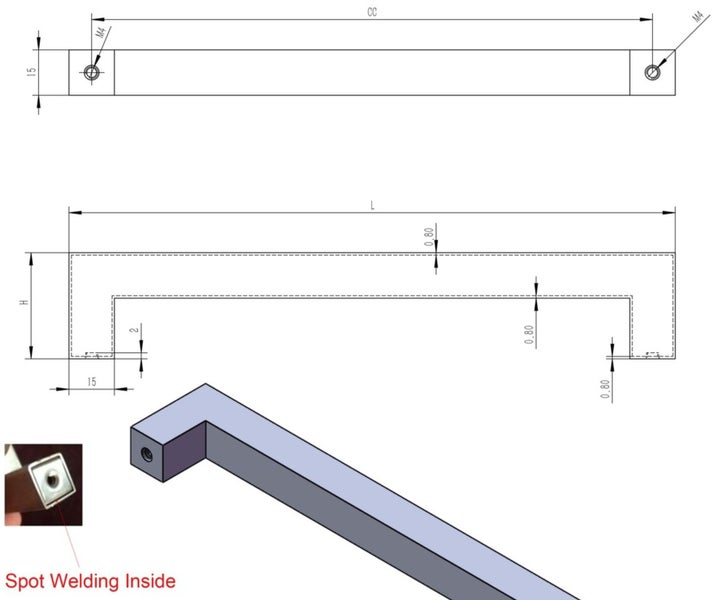 Technische Zeichnung eines Möbelgriffs mit Maßangaben