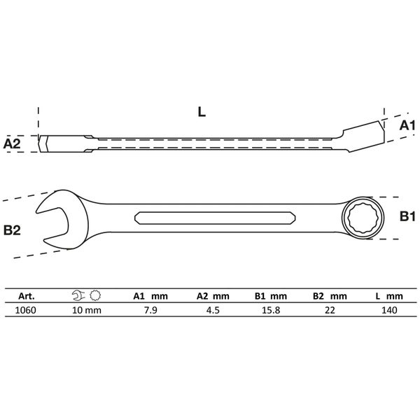 Technische Zeichnung Ringschlüssel und Maulschlüssel mit Größenangaben