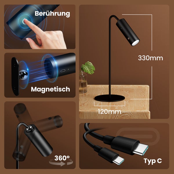 EMKE 6-in-1 LED Tischlampe Kabellos, Wiederaufladbare & Dimmbar, Touch Steuerung, 3 Farbmodi, 360° Einstellbare Magnetische Wandleuchte, USB-C, IP20, Schwarz - Ideal für Outdoor & Indoor Nutzung