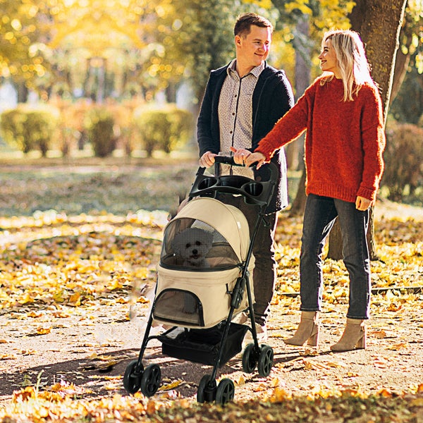 PawHut Hundewagen Hundebuggy mit Klappfunktion Pet Stroller für kleine Hunde und Katzen Haustierwagen Katzenbuggy Oxford Khaki 67 x 45 x 96 cm