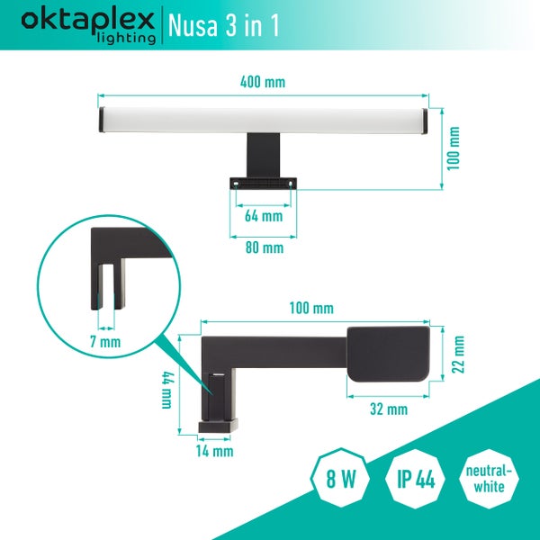 Spiegelleuchte LED 40cm schwarz 3in1 Montage 4000K Neutralweiß 8W 570lm Bad Spiegellampe Badezimmerlampe Wandleuchte Aufsteckleuchte