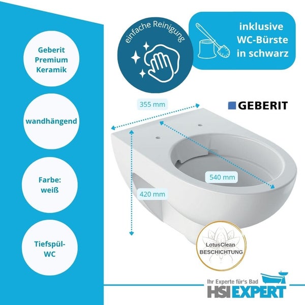 Wandhängendes Tiefspül-WC aus Premium Keramik mit LotusClean Beschichtung, inklusive WC-Bürste, Geberit Logo und Größenangaben