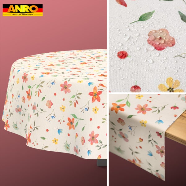 ANRO Tischdecke mit floralem Muster, wasserabweisende Oberfläche, Ansicht als runde Tischdecke und Tischläufer, ANRO Logo.