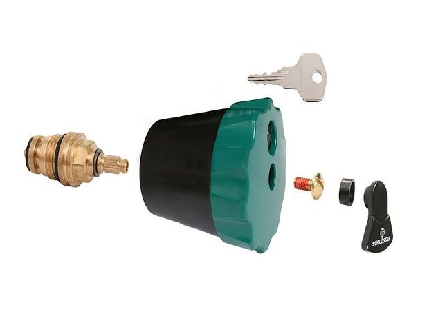 Abschließbarer Oberteil-Bausatz für frostsichere Außenarmaturen mit Schlüssel, Ventiloberteil aus Messing und Kunststoffgriff.