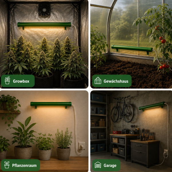 Vielseitig einsetzbare LED Röhrenleuchte in verschiedenen Anwendungsbereichen wie Growbox, Gewächshaus, Innenraum und Garage.