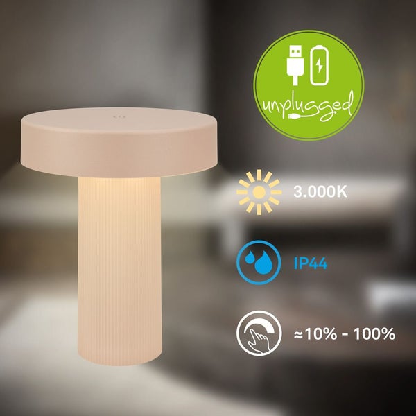 Kabellose Tischleuchte für innen und außen, dimmbar von circa 10 bis 100 Prozent, 3000 Kelvin, Schutzart IP44, Akkubetrieb mit USB-Ladefunktion.