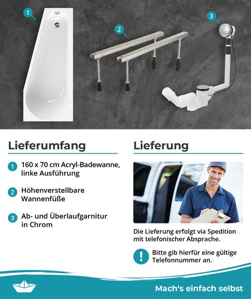 Lieferumfang einer Acryl-Badewanne 160 mal 70 Zentimeter linke Ausführung, inklusive höhenverstellbarer Wannenfüße und Ab- sowie Überlaufgarnitur.