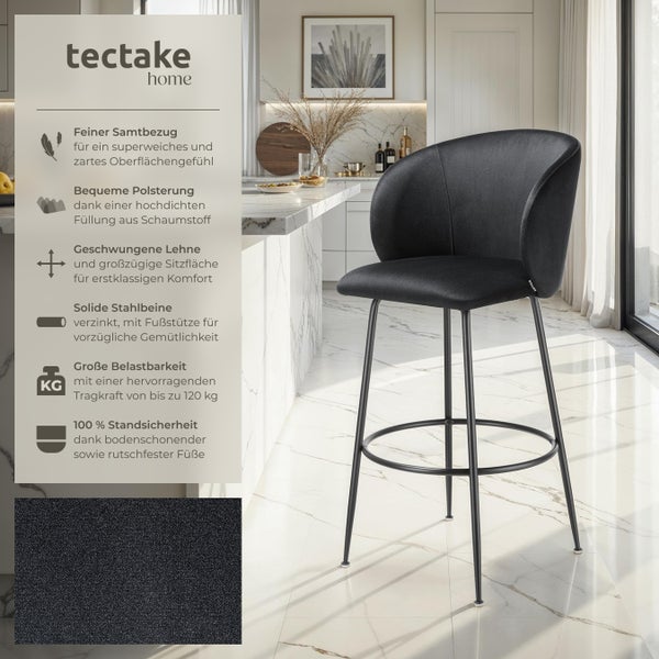 Barstuhl tectake Luana 51 x 60 x 106 cm, Belastbarkeit 120 kg in Samtoptik, gepolstert schwarz/schwarz