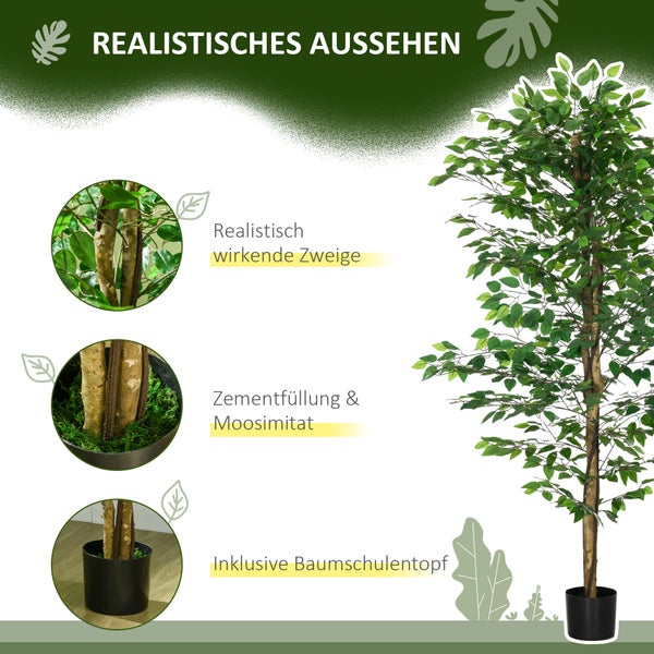 HOMCOM Künstliche Pflanze, 180 cm Kunstpflanze mit Übertopf, Kunstmoos, Künstlich Ficus Kunstbaum, Zimmerpflanze für Wohnzimmer, Grün