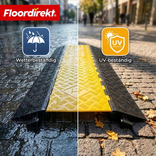 Floordirekt Logo. Kabelbrücke auf Kopfsteinpflaster mit Symbolen für Wetterbeständigkeit und UV-Beständigkeit.