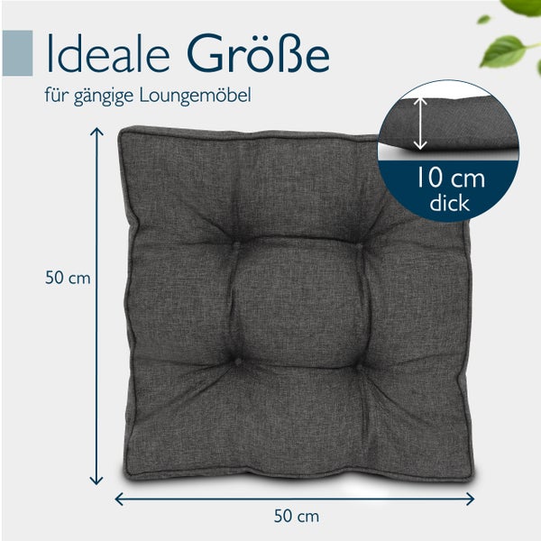 Quadratisches Loungemoebel Sitzkissen mit 50 mal 50 Zentimeter Groesse und 10 Zentimeter Dicke