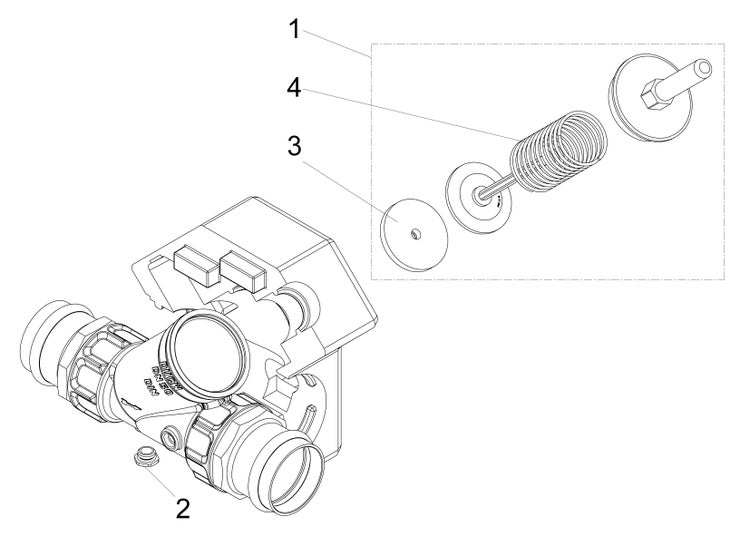Technische Zeichnung einer Ventilbaugruppe mit nummerierten Einzelteilen wie Feder und Dichtung für die Wartung.