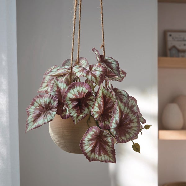 FRANK FLECHTWAREN|Kunstpflanze Königsbegonie im Hängetopf, Höhe 17 cm, KUNSTSTOFF, KERAMIK, JUTE