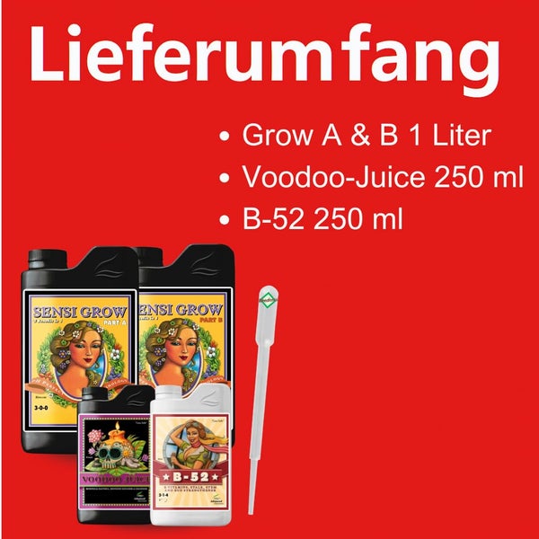 Lieferumfang Advanced Nutrients Set bestehend aus Grow A und B 1 Liter, Voodoo Juice 250 Milliliter, B-52 250 Milliliter und einer Pipette.