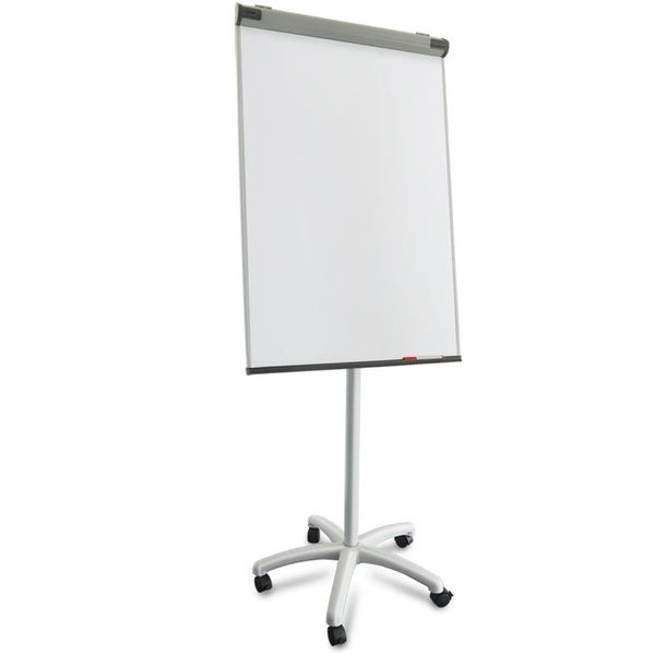 Mobiles Flipchart auf Rollfuß mit weißer Tafeloberfläche und grauer Papierklemme.