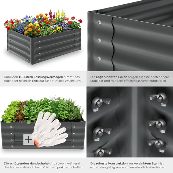 Hochbeet aus Stahl mit Blumen und Gartengeräte