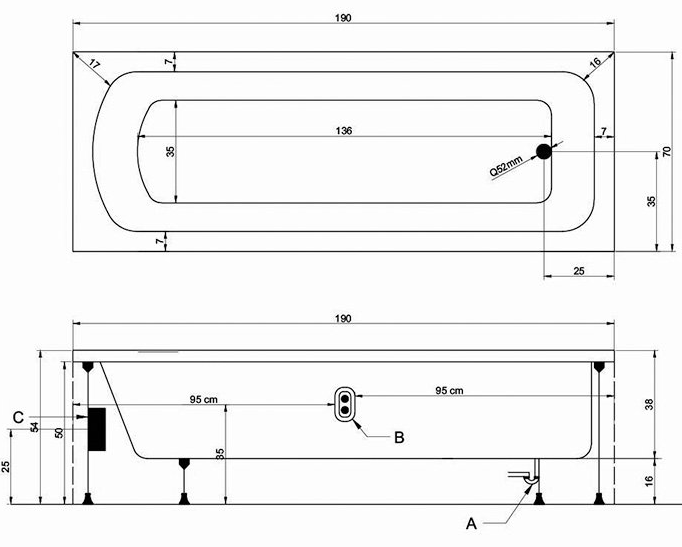 Technische Zeichnung einer Badewanne mit Maßangaben