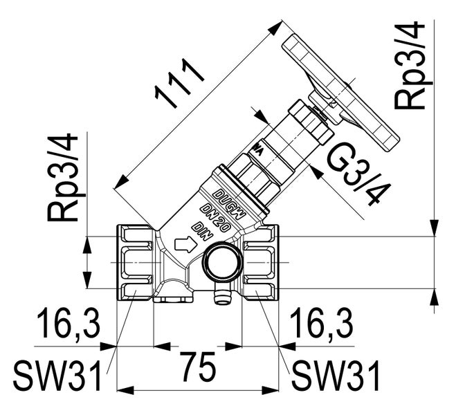 Maßzeichnung eines KFR-Schrägsitzventils mit DN20, Rp 3/4 Zoll Anschlüssen und Abmessungen in Millimetern.