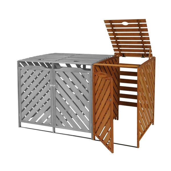 Mülltonnenbox aus Holz für zwei Mülltonnen, mit schrägen Lamellentüren und aufklappbarem Deckel