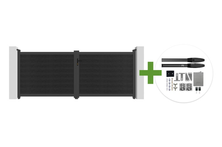 Doppelflügeliges Einfahrtstor in Holzoptik inklusive elektrischem Drehtorantrieb und Montagezubehör.