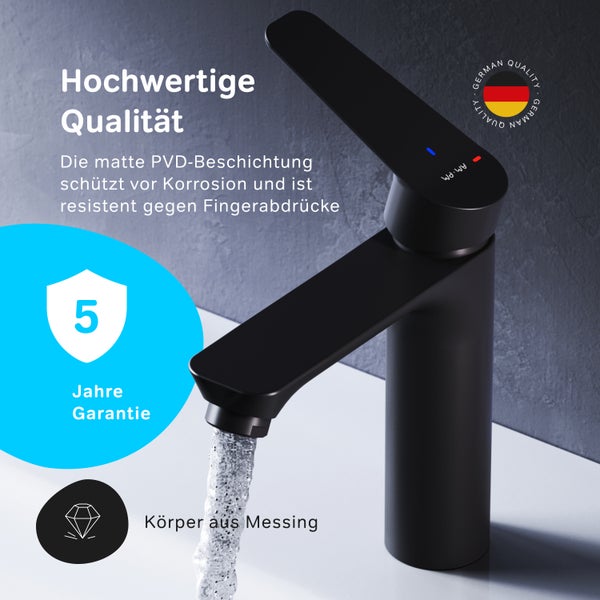 Moderne schwarze Waschtischarmatur mit PVD Beschichtung und Messingkorpus inklusive Herstellergarantie.