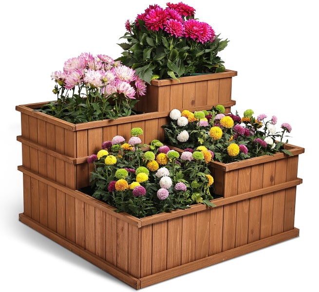 needs&wants® Multi Hochbeet mit 4 Pflanzkästen quadratisch aus Holz für Garten Balkon Terrasse, 4er Pflanzbeet Blumenbeet niedrig mit Folie, 81 x 81 x 61 cm, braun