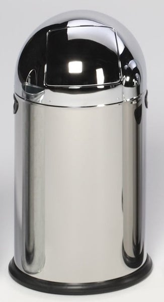 Zylindrischer Push-Mülleimer aus glänzendem Metall mit gewölbtem Deckel und schwarzem Boden.