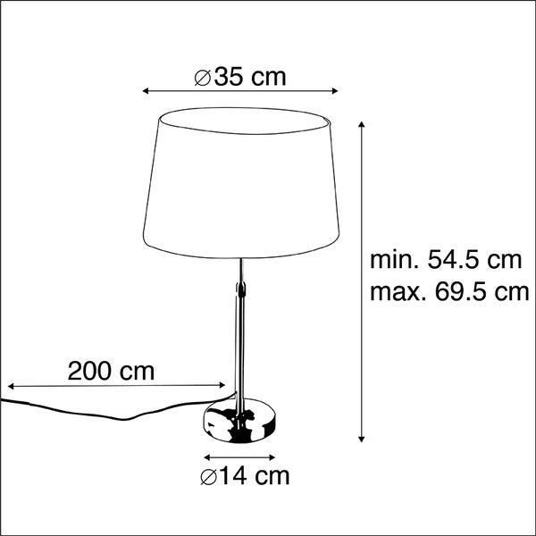 Tischleuchte: Schirmdurchmesser 35 Zentimeter, Fußdurchmesser 14 Zentimeter, Höhe 54.5 bis 69.5 Zentimeter, Kabellänge 200 Zentimeter.