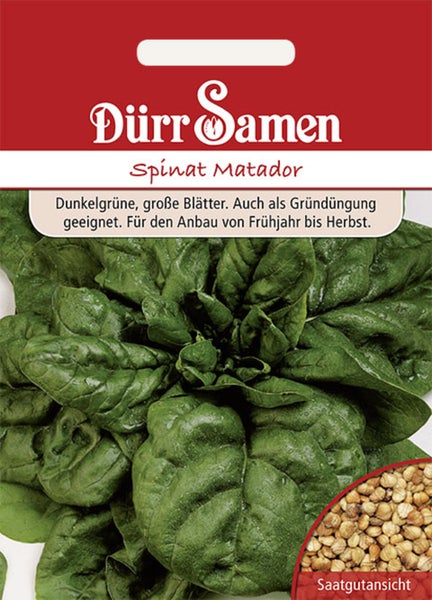 Samenpackung für Spinat Matador mit Dürr Samen Logo, Abbildung von dunkelgrünen Blättern und einer Detailansicht der Samen.