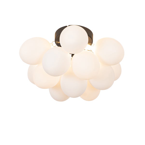 Moderne Deckenleuchte mit mattierten Glaskugeln in Wolkenform und schwarzer Halterung.