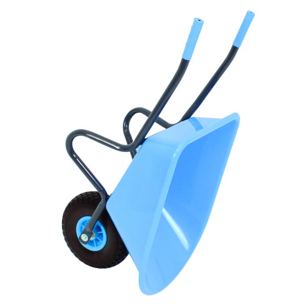 Blaue Kinder-Schubkarre aus Kunststoff mit schwarzem Metallgestell und Luftbereifung.