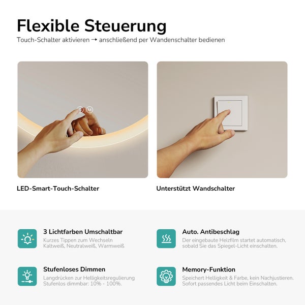 Funktionen eines Badspiegels mit Beleuchtung: Touch-Schalter, Wandsteuerung, drei Lichtfarben, Antibeschlag, stufenloses Dimmen und Memory-Funktion.