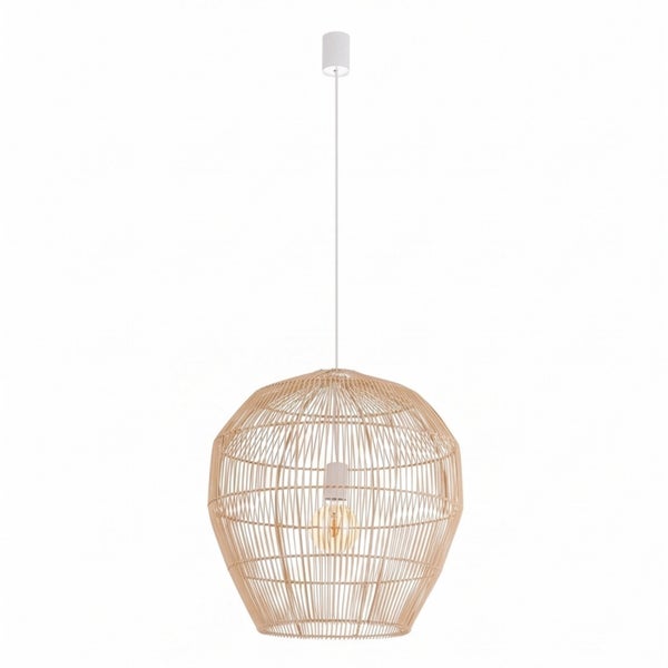 Moderne Hängeleuchte aus Rattan mit einer bauchigen Form und einer zentralen Lichtquelle für ein natürliches Design.
