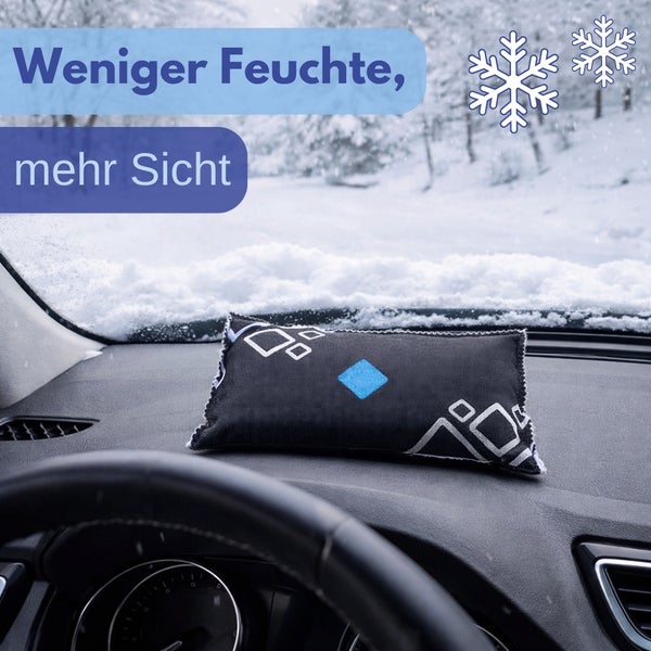 Auto-Luftentfeuchter auf dem Armaturenbrett vor einer verschneiten Windschutzscheibe