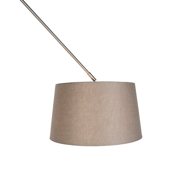 Grauer Lampenschirm aus Textil mit Metallarm für Bogenlampen.