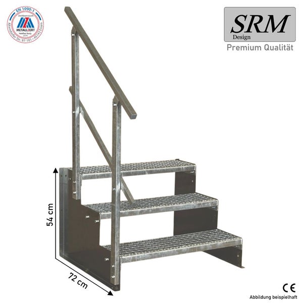 Stahltreppe mit 3 Gitterroststufen und Handlauf, Höhe 54 Zentimeter, Tiefe 72 Zentimeter. SRM Design Logo.