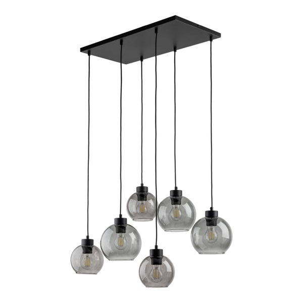 Moderne Pendelleuchte mit sechs Rauchglas Kugelschirmen und rechteckiger Deckenbefestigung für eine stilvolle Innenbeleuchtung
