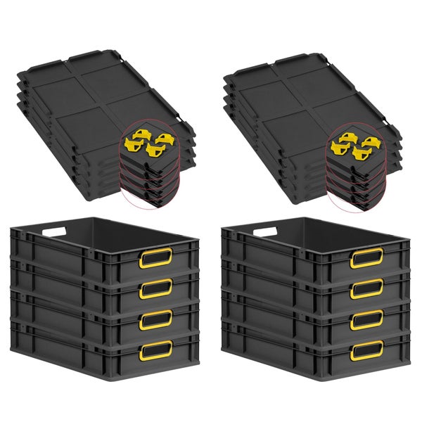 PROREGAL SuperSparSet 8x Eurobox NextGen Color mit Auflagedeckel und Schiebeschnappverschlüsse, HxBxT 12x40x60cm, 23 Liter, Schwarz, Griffe gelb offen, Eurobehälter, Transportbox, Transportbehälter, Stapelbehälter