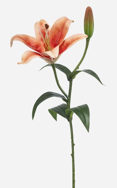 Künstliche Lilie mit orangefarbener Blüte, Knospe und grünen Blättern am Stiel.
