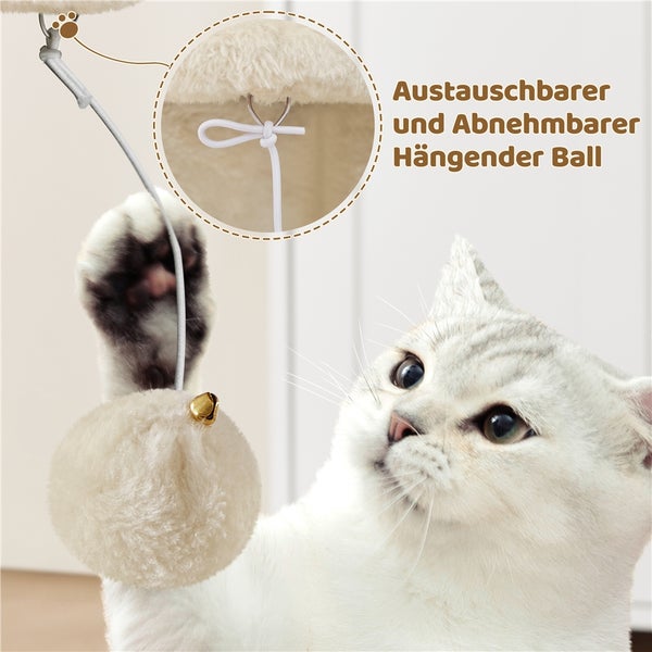 Katze spielt mit einem abnehmbaren und austauschbaren Ball an einem Kratzbaum