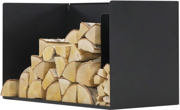 Brennholzregal aus Metall mit Holzscheiten